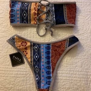 Lace Up Multi Print Bandeau Bikini